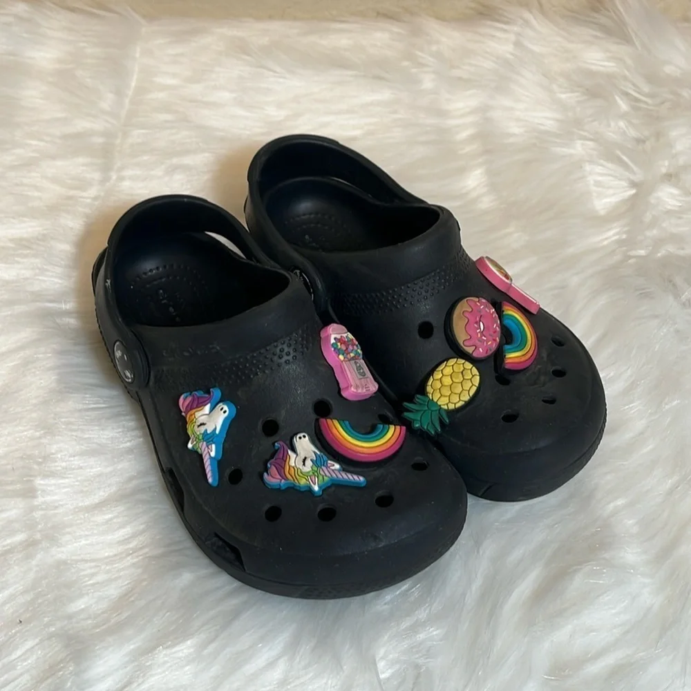 CROCS Kids Black Clog Sandals with Colorful Jibbitz Charms